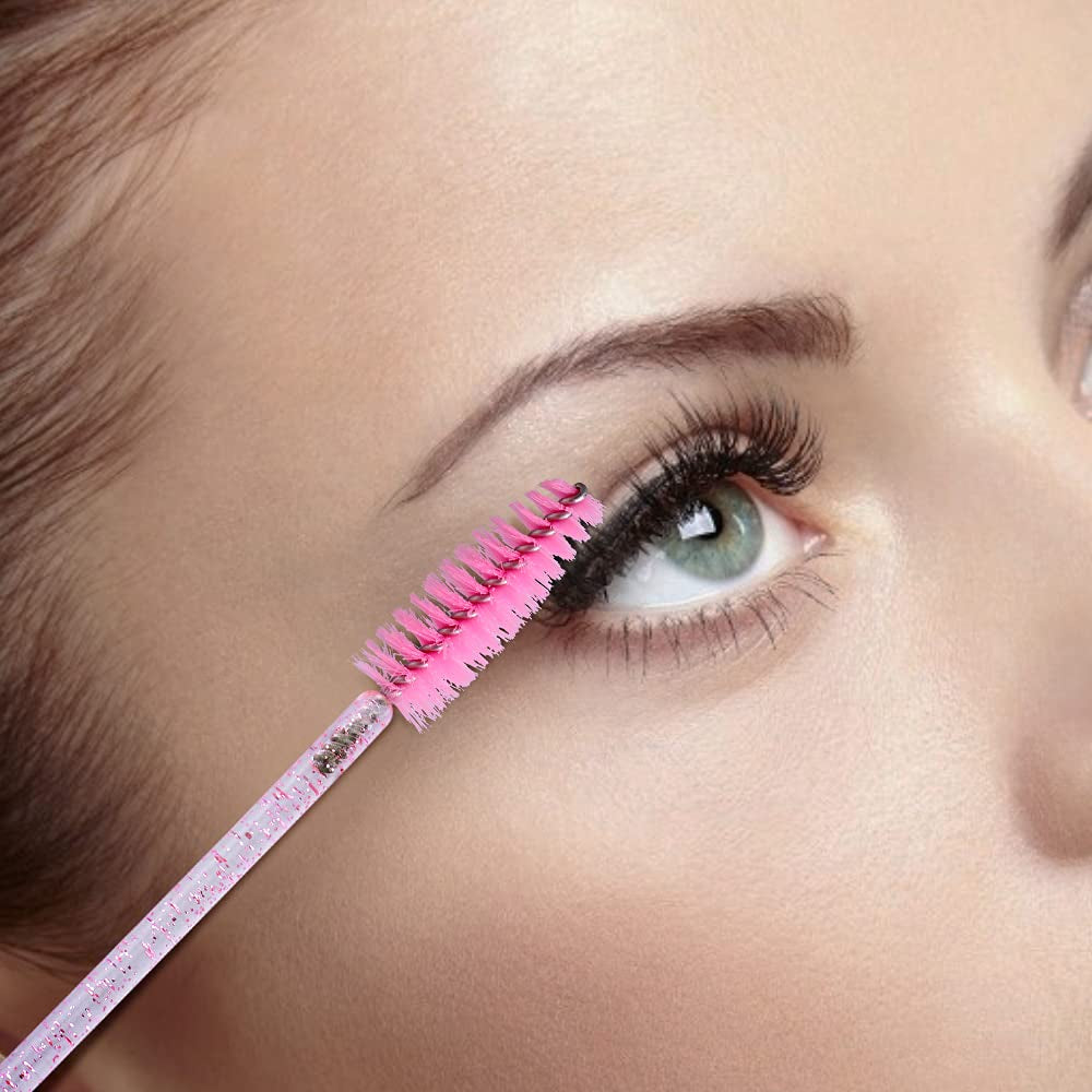 100PCS Eyelash Mascara Brushes, Disposable Lash Spoolies, Crystal Mascara Wands Makeup Kits for Eyelash Extensions and Eyebrow (Pink)