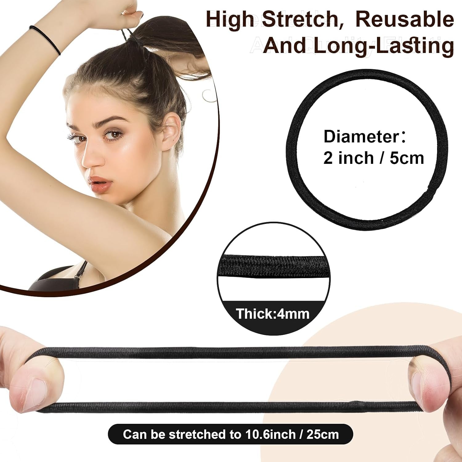 150 PCS Black Hair Ties for Women Men Girls, 4MM Elastic Hair Bands Ponytail Holders, Thick Curly Hair Long-Lasting Braids, Premium Hair Elastics Tie
